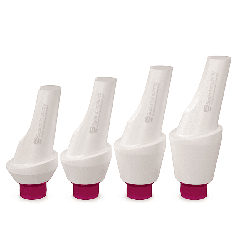Angled zirconia abutment for dental implants with titanium base and internal hex connection.
