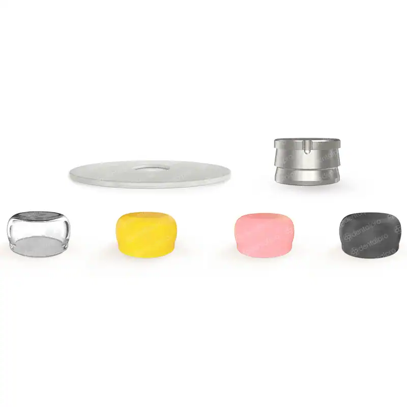 Titanium ball attachment set with internal hex for dental implant abutments.
