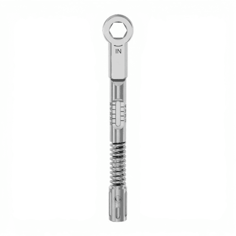 Precision dental torque wrench with 10-45 Ncm range and 6.35mm hex for implant procedures.