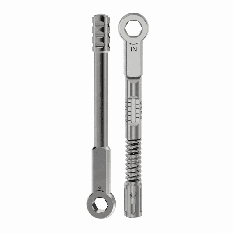 Precision dental torque wrench with 6.35mm hex for implant procedures.