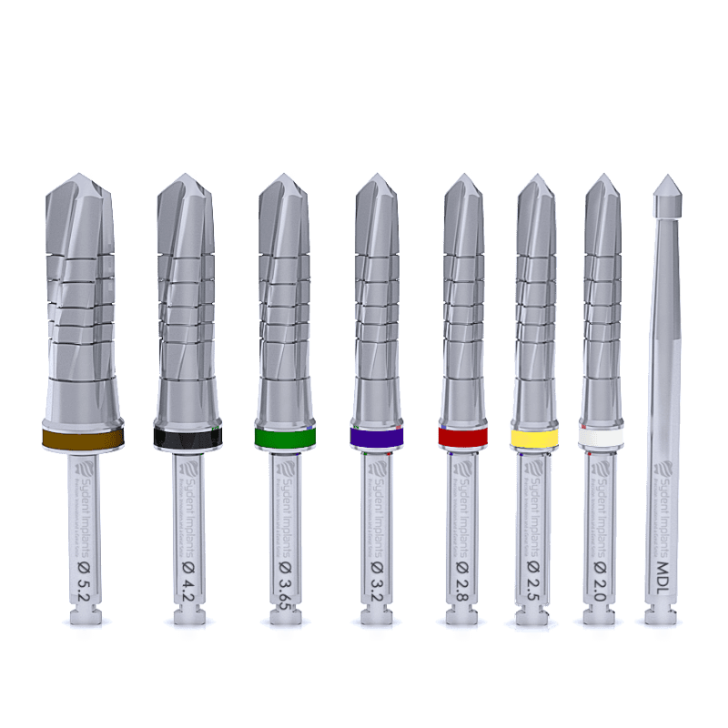 External irrigation drill set for dental implant procedures, color-coded for precision.
