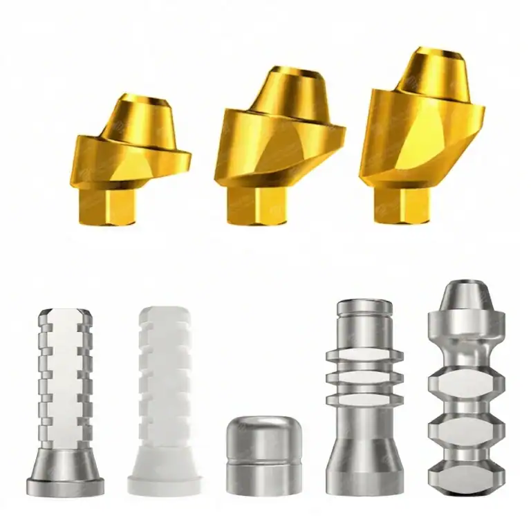 Complete 9 Degree Premium Golden Angled Multi-Unit Set including gold-coated abutment, analog, transfer, and prosthetic components - Sydent™